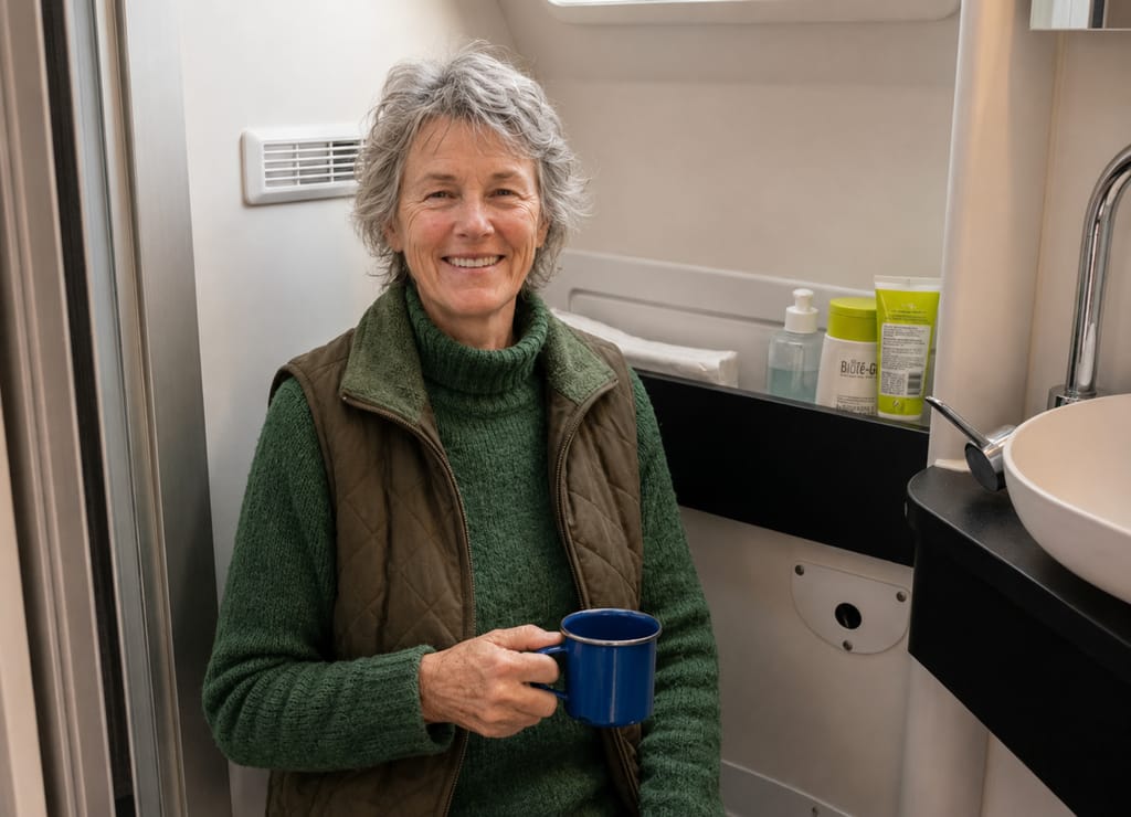 Anja im Camperbad mit Tasse neben der BioTioo